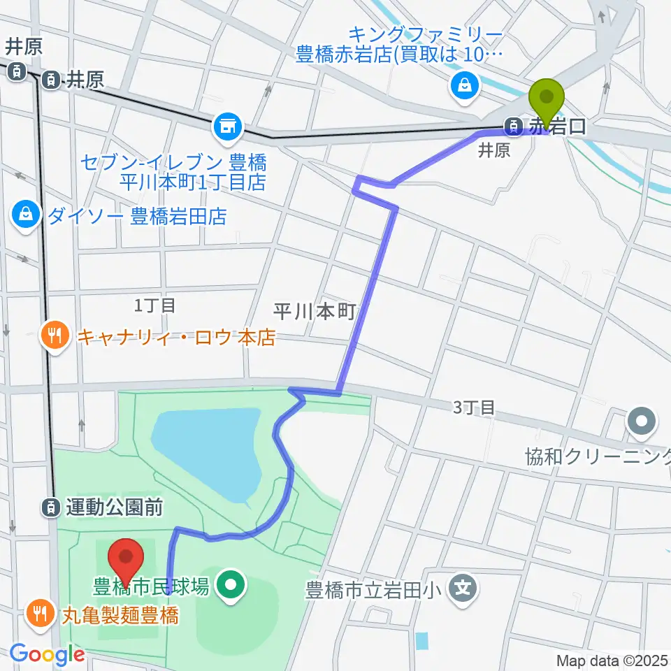 豊橋市民球技場の最寄駅赤岩口駅からの徒歩ルート（約15分）地図