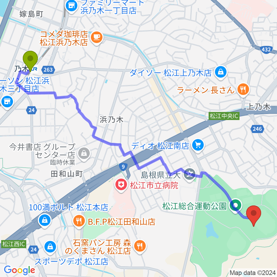 松江市営陸上競技場の最寄駅乃木駅からの徒歩ルート（約31分）地図