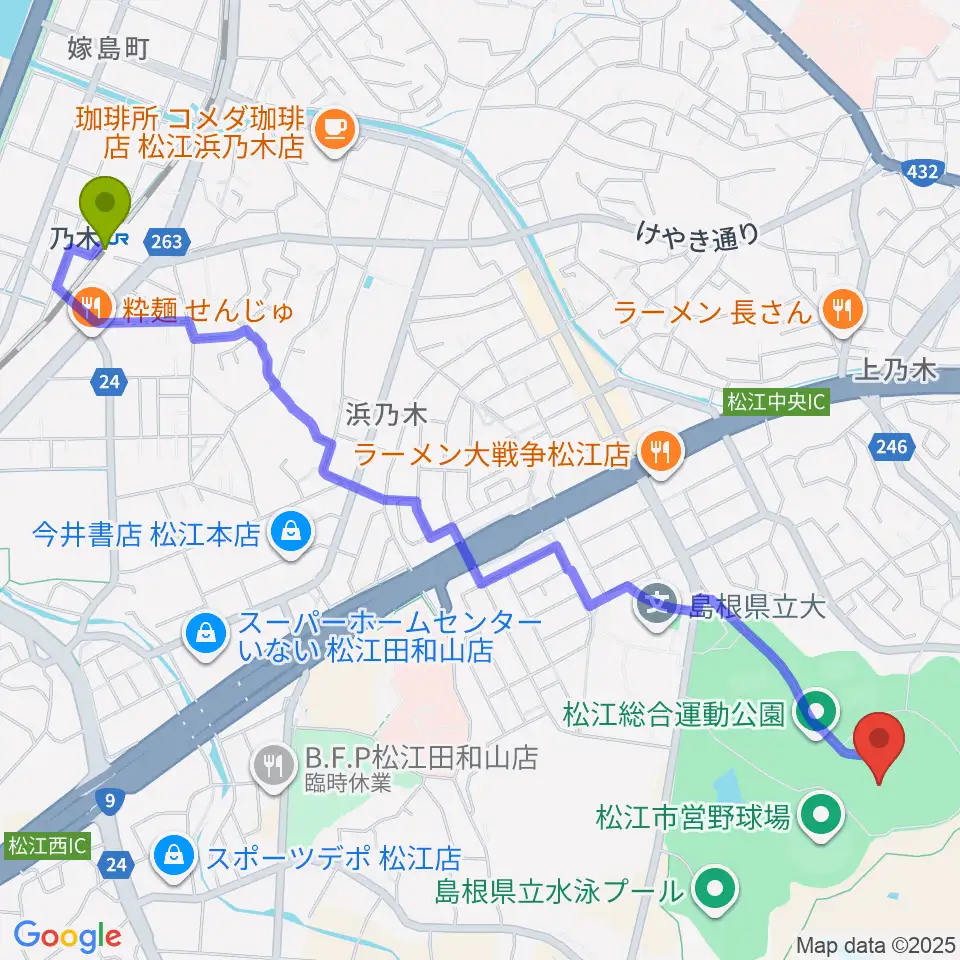 松江市営陸上競技場の最寄駅乃木駅からの徒歩ルート（約31分）地図
