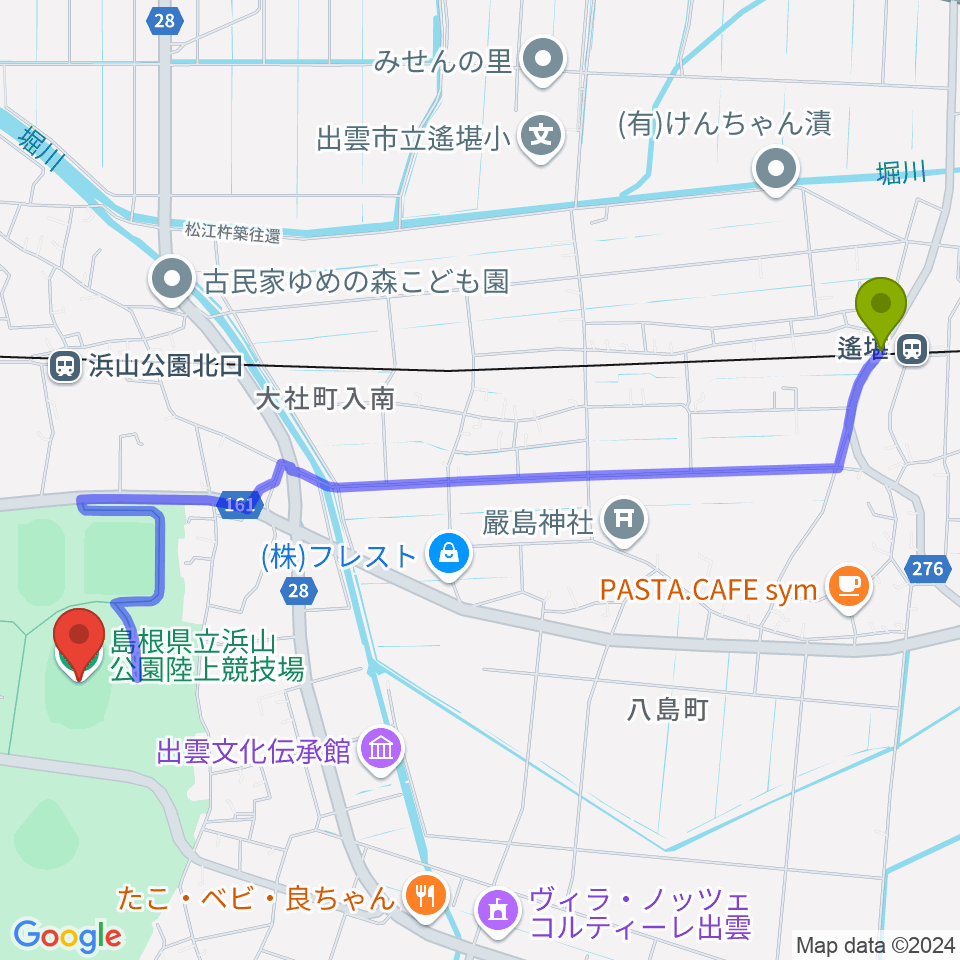 遙堪駅から島根県立浜山公園陸上競技場へのルートマップ地図