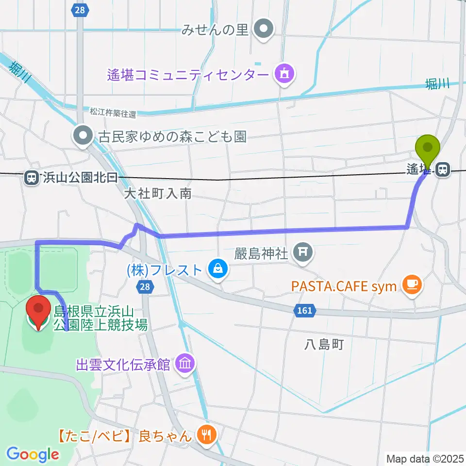 遙堪駅から島根県立浜山公園陸上競技場へのルートマップ地図