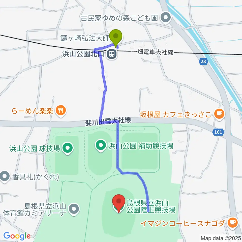 島根県立浜山公園陸上競技場の最寄駅浜山公園北口駅からの徒歩ルート（約11分）地図