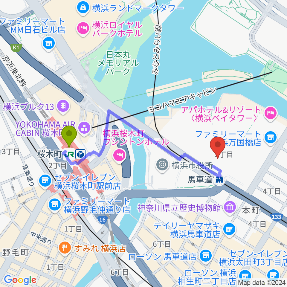 桜木町駅からビルボードライブ横浜へのルートマップ地図