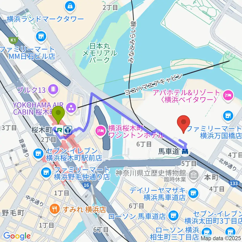 桜木町駅からビルボードライブ横浜へのルートマップ地図