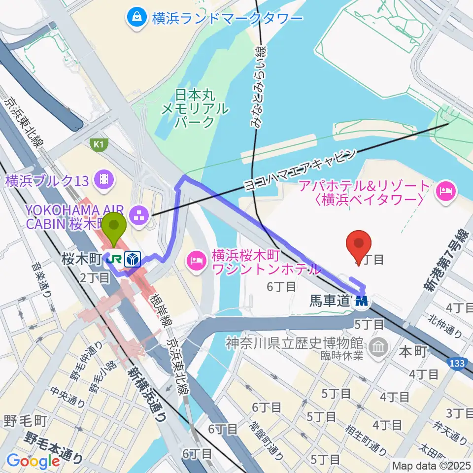 桜木町駅からビルボードライブ横浜へのルートマップ地図