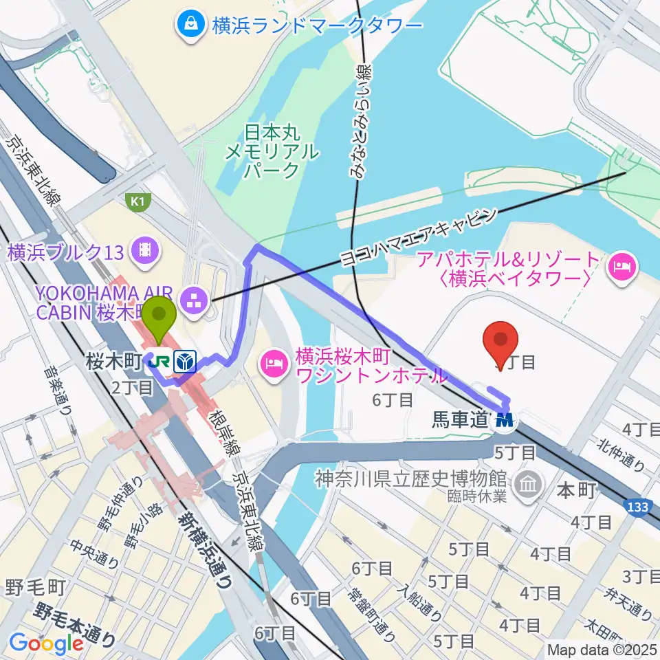 桜木町駅からビルボードライブ横浜へのルートマップ地図