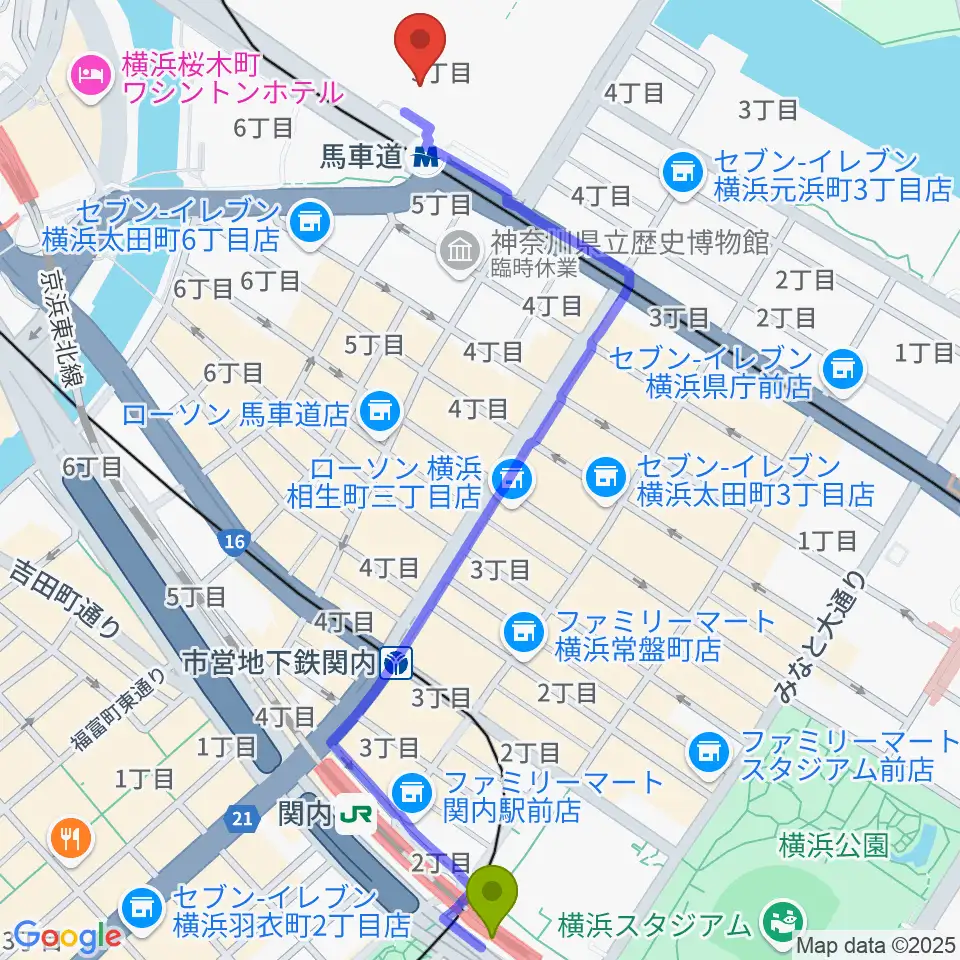 関内駅からビルボードライブ横浜へのルートマップ地図