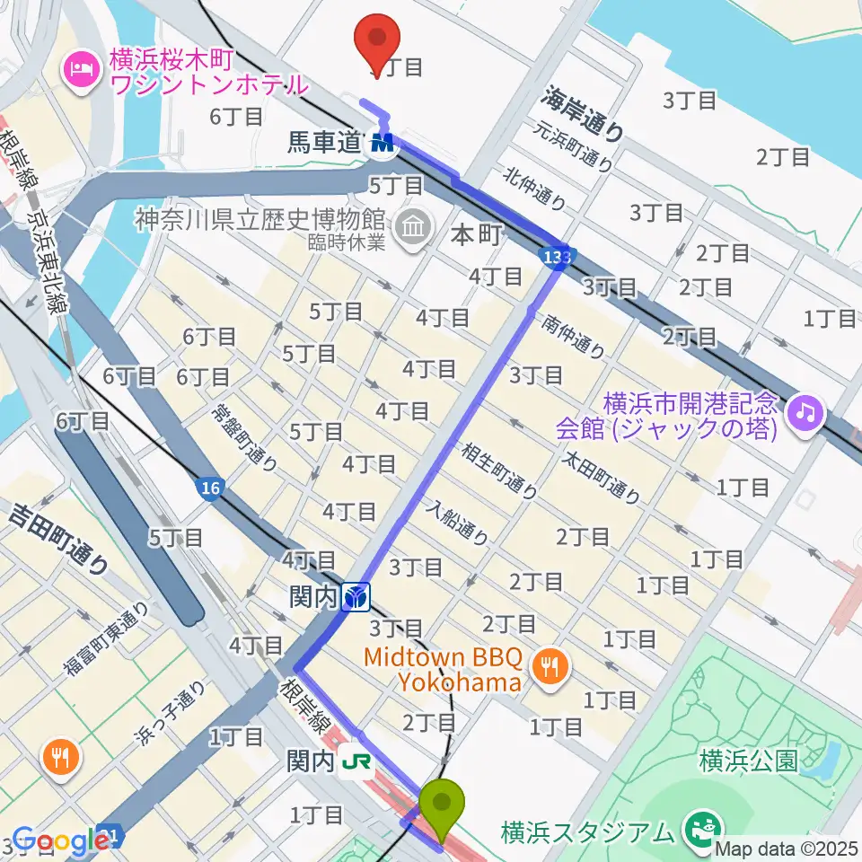 関内駅からビルボードライブ横浜へのルートマップ地図