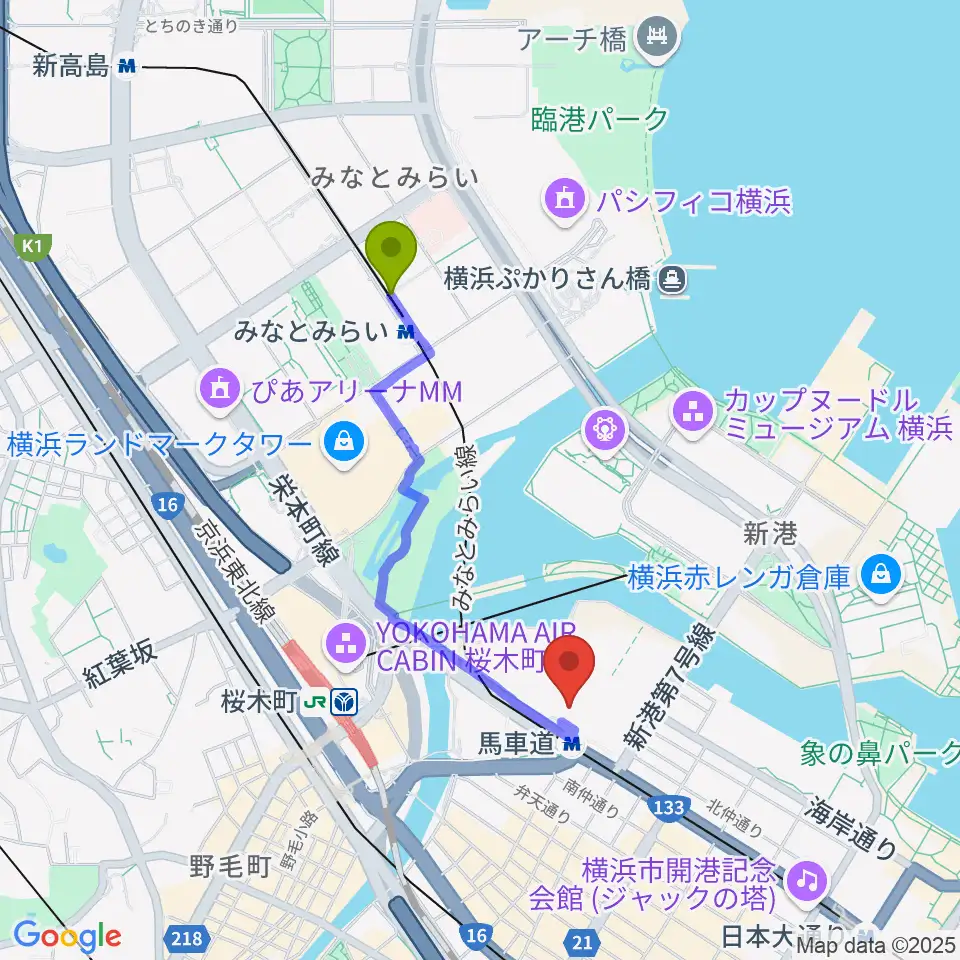みなとみらい駅からビルボードライブ横浜へのルートマップ地図