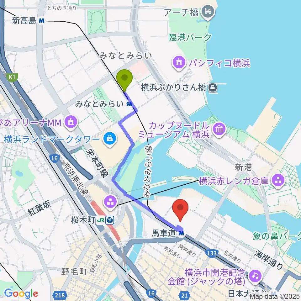 みなとみらい駅からビルボードライブ横浜へのルートマップ地図