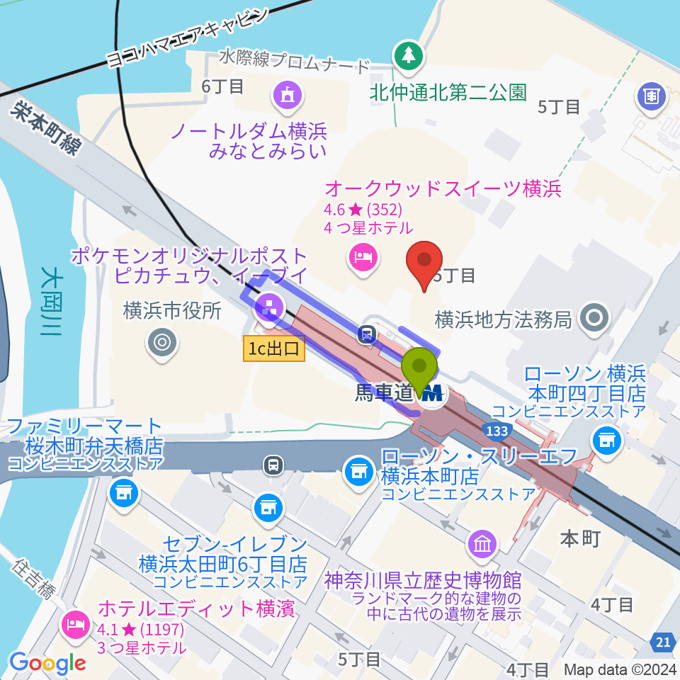 ビルボードライブ横浜の最寄駅馬車道駅からの徒歩ルート（約1分）地図