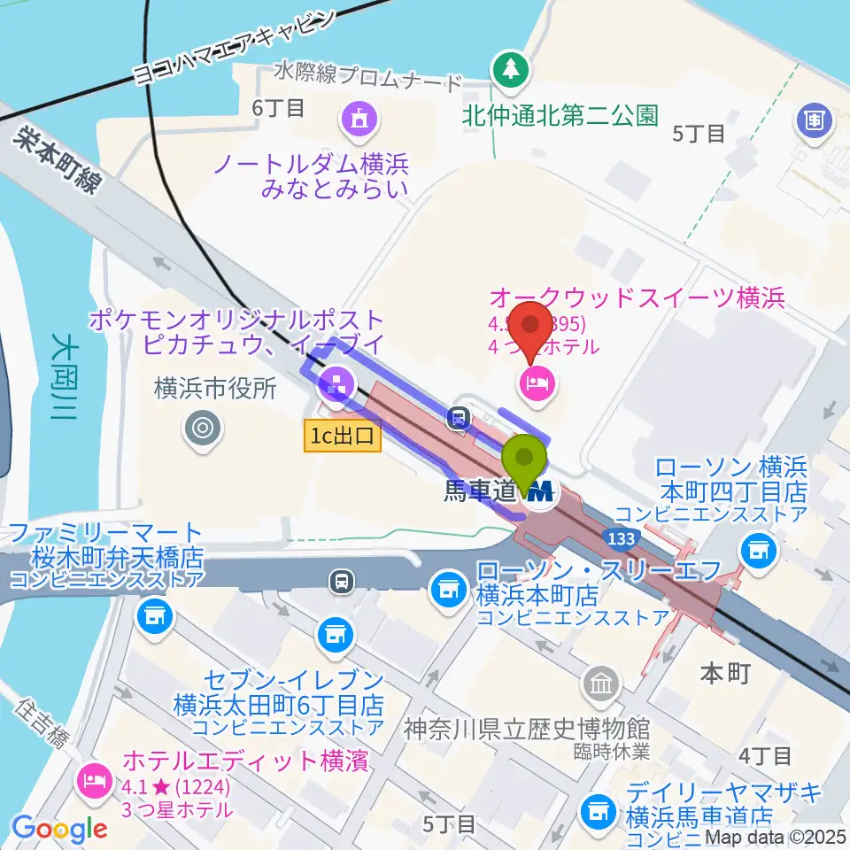 ビルボードライブ横浜の最寄駅馬車道駅からの徒歩ルート（約1分）地図