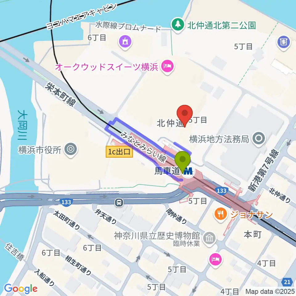 ビルボードライブ横浜の最寄駅馬車道駅からの徒歩ルート（約1分）地図