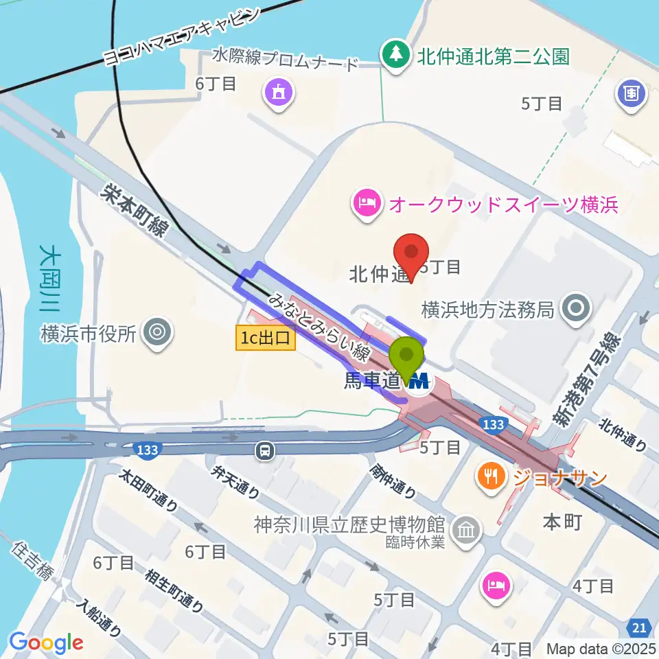 ビルボードライブ横浜の最寄駅馬車道駅からの徒歩ルート（約1分）地図