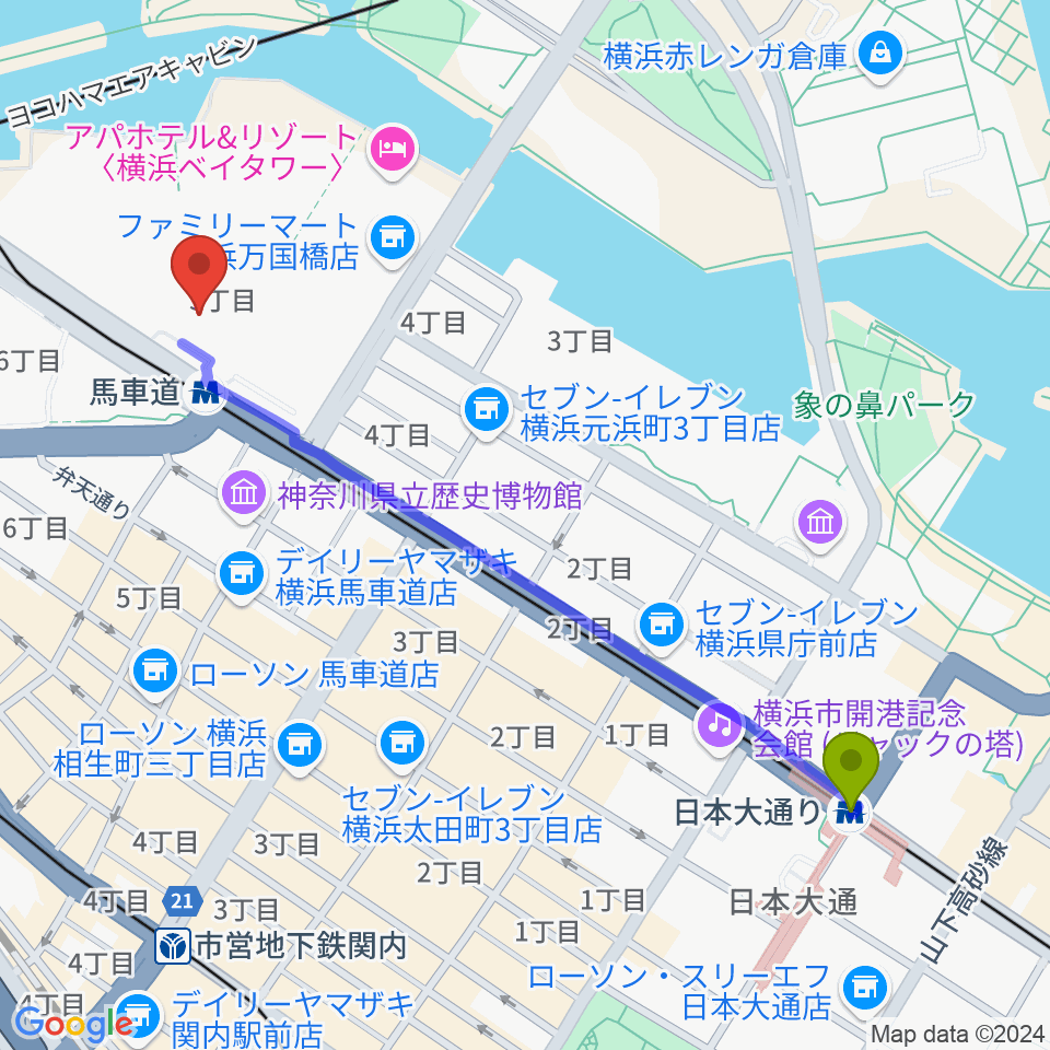 日本大通り駅からビルボードライブ横浜へのルートマップ地図