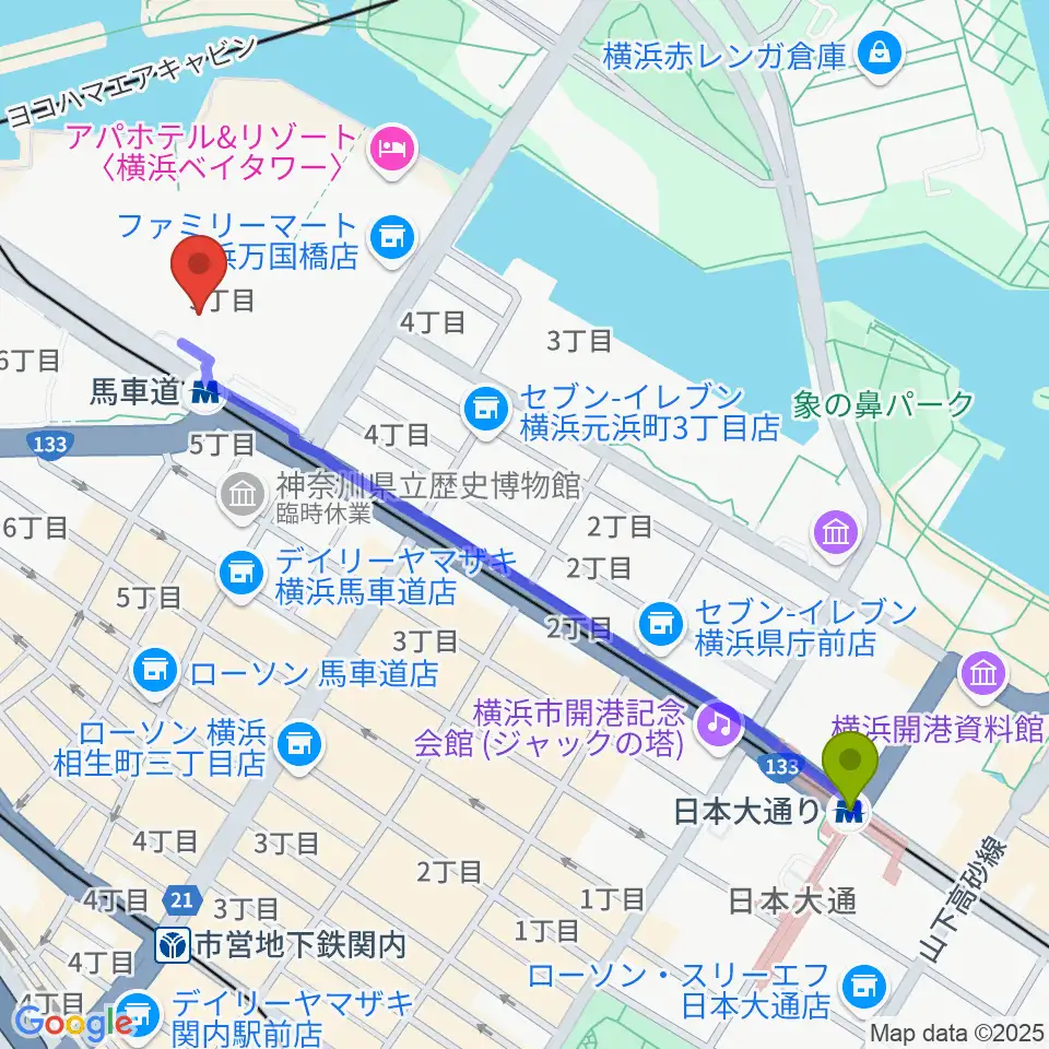 日本大通り駅からビルボードライブ横浜へのルートマップ地図