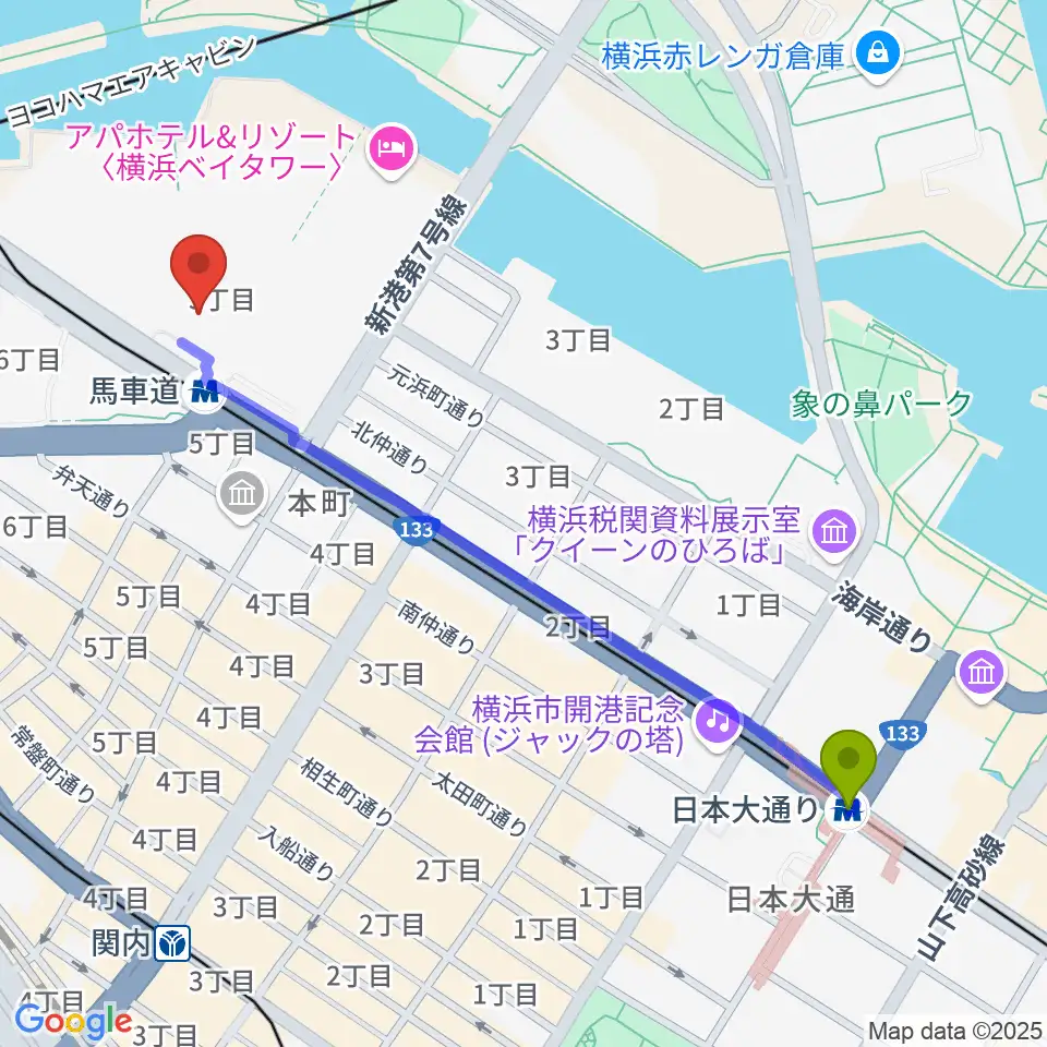 日本大通り駅からビルボードライブ横浜へのルートマップ地図