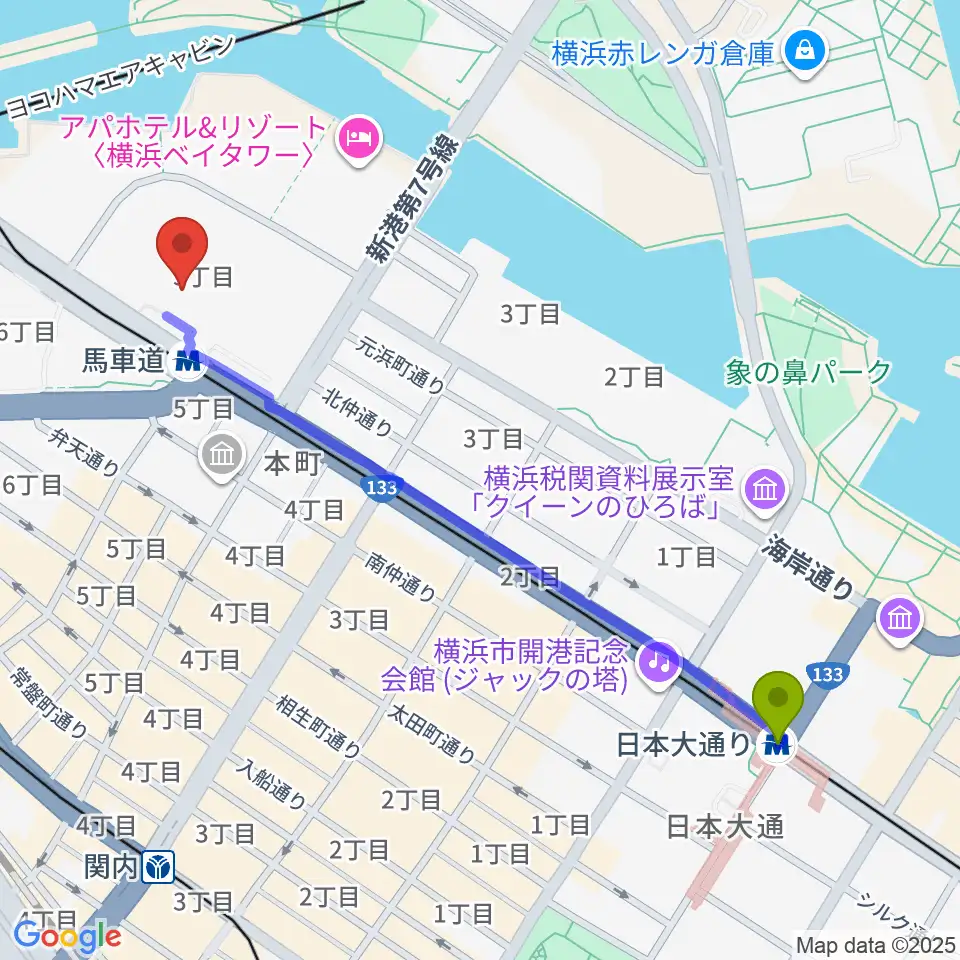 日本大通り駅からビルボードライブ横浜へのルートマップ地図