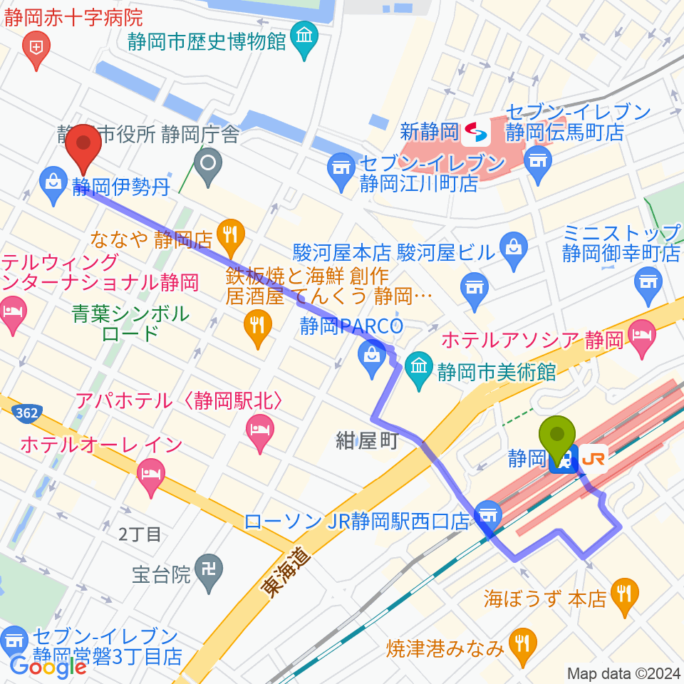 静岡駅から札の辻クロスホールへのルートマップ地図