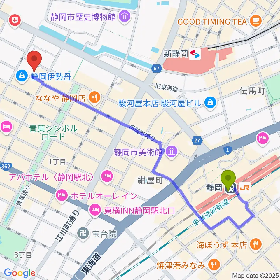 静岡駅から札の辻クロスホールへのルートマップ地図