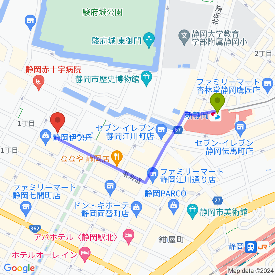 札の辻クロスホールの最寄駅新静岡駅からの徒歩ルート（約9分）地図