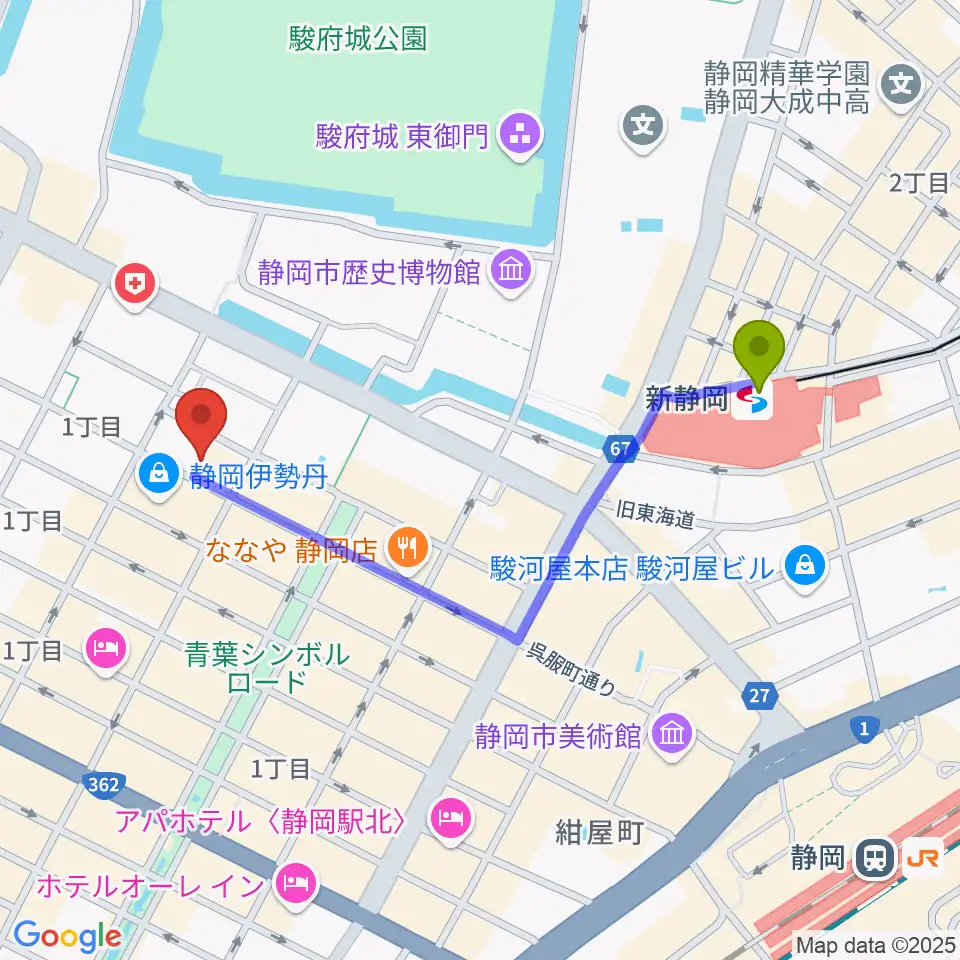 札の辻クロスホールの最寄駅新静岡駅からの徒歩ルート（約9分）地図