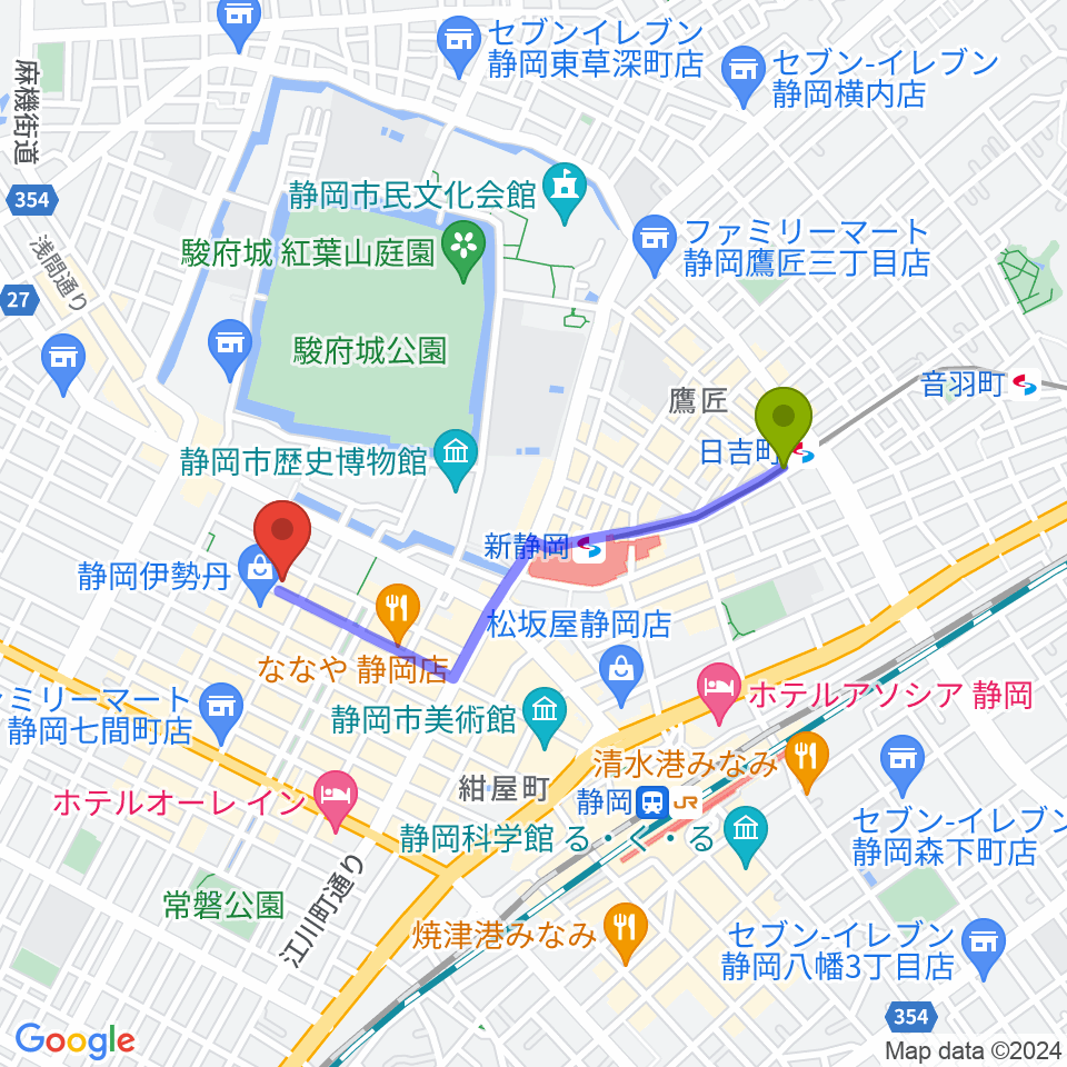 日吉町駅から札の辻クロスホールへのルートマップ地図