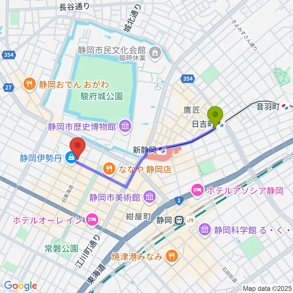 日吉町駅から札の辻クロスホールへのルートマップ地図