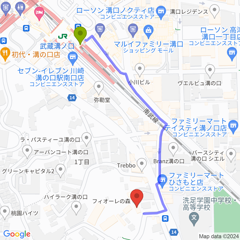 溝の口neoneraの最寄駅武蔵溝ノ口駅からの徒歩ルート（約6分）地図