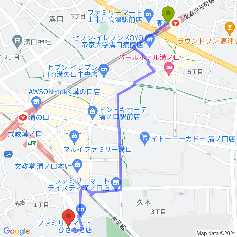 高津駅から溝の口neoneraへのルートマップ地図