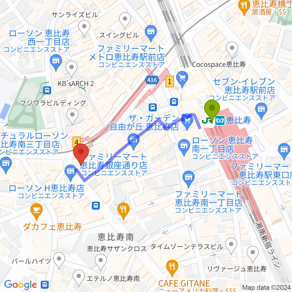 スマイルヴォイス恵比寿校の最寄駅恵比寿駅からの徒歩ルート（約4分）地図