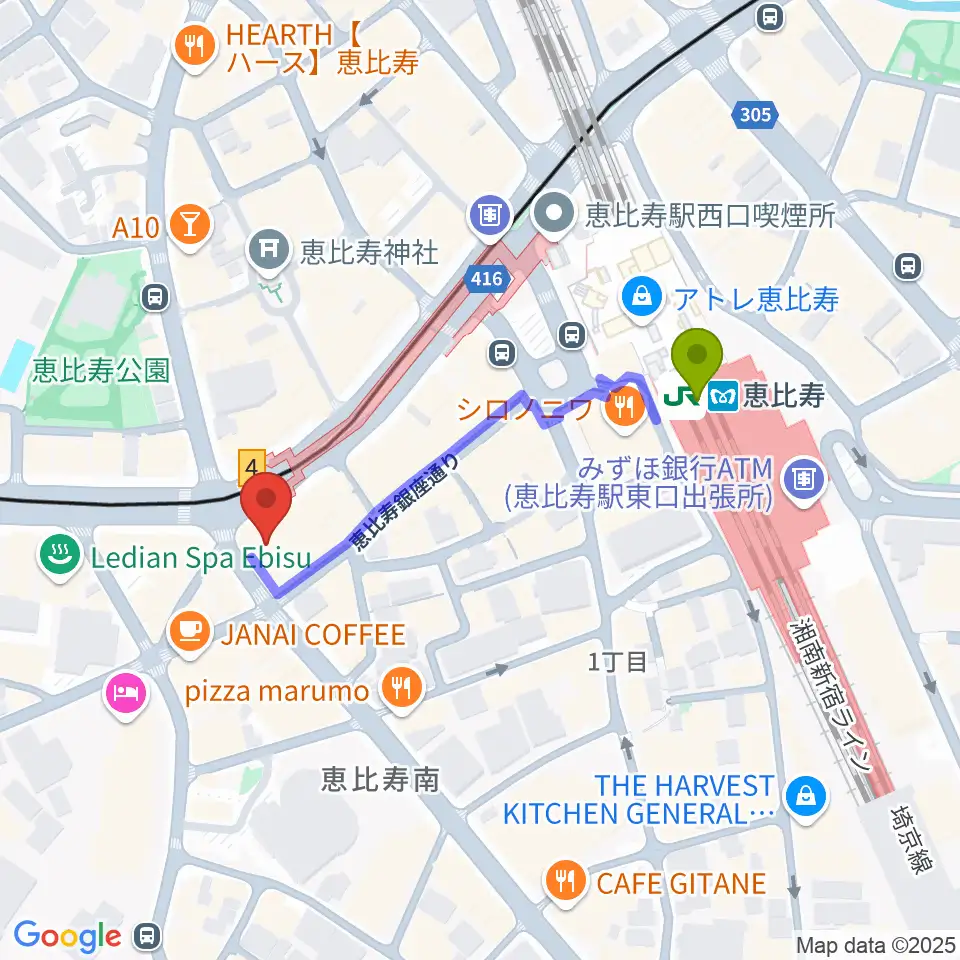 スマイルヴォイス恵比寿校の最寄駅恵比寿駅からの徒歩ルート（約4分）地図