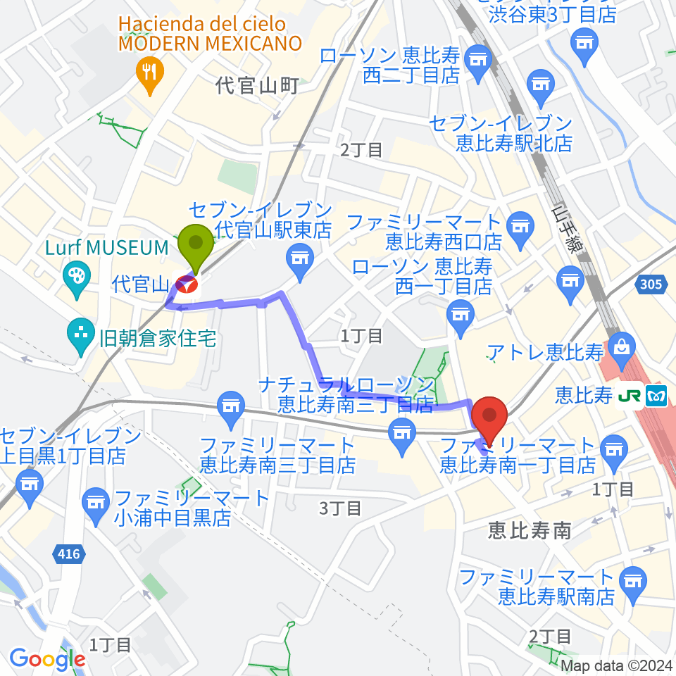 代官山駅からスマイルヴォイス恵比寿校へのルートマップ地図