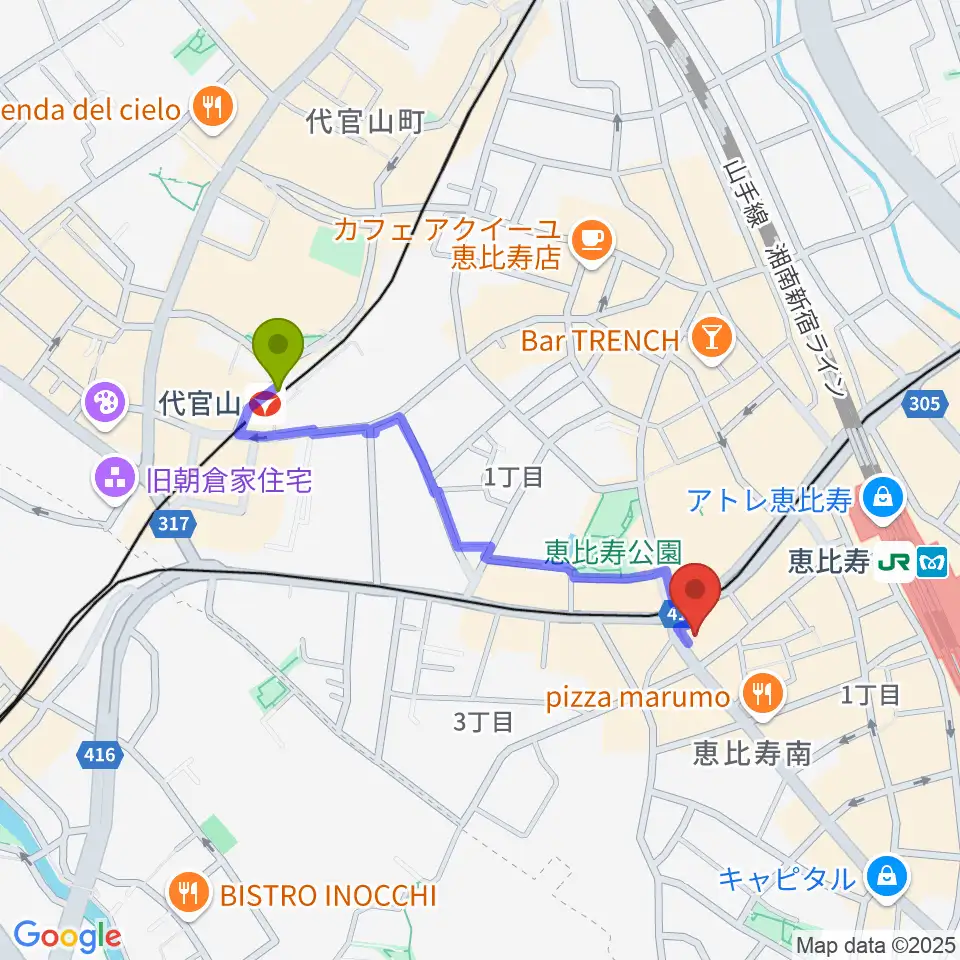 代官山駅からスマイルヴォイス恵比寿校へのルートマップ地図