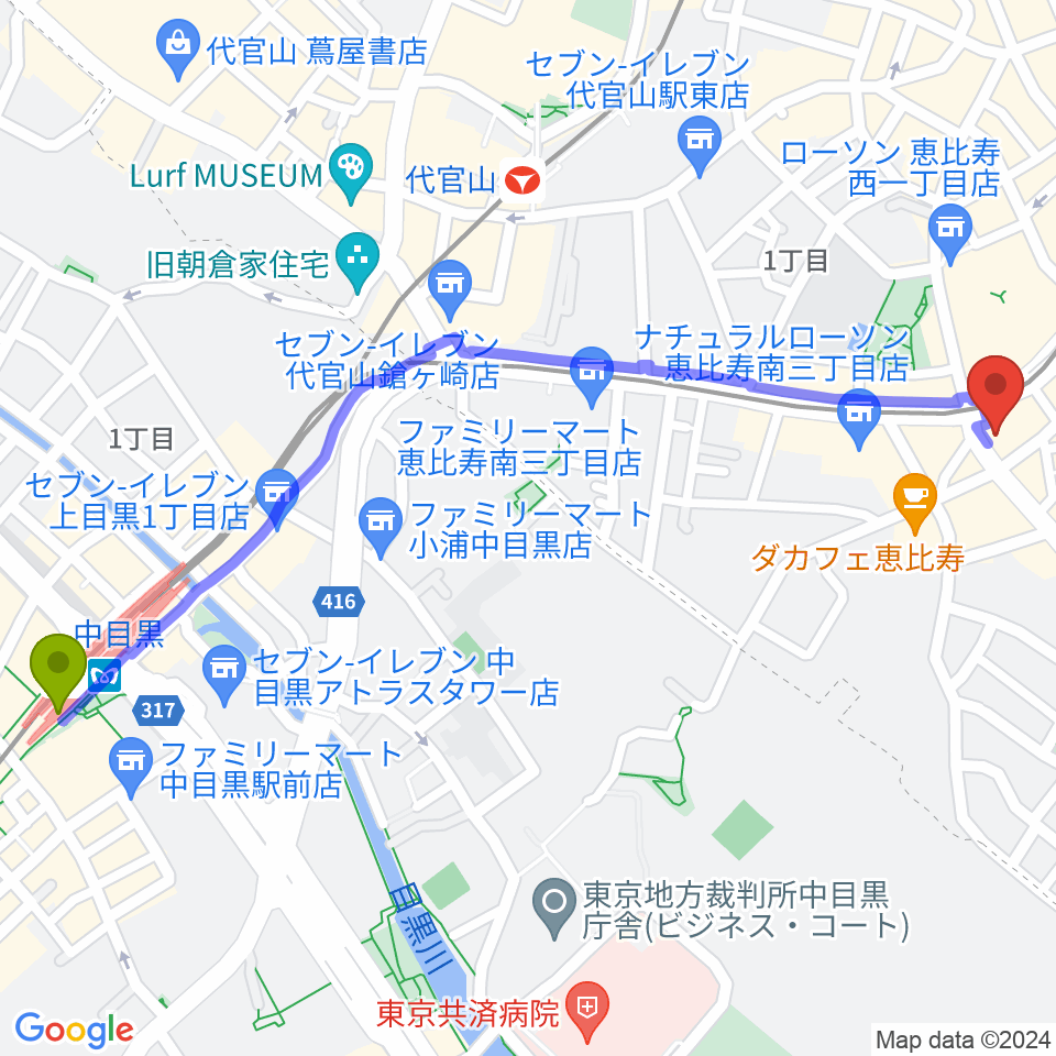 中目黒駅からスマイルヴォイス恵比寿校へのルートマップ地図