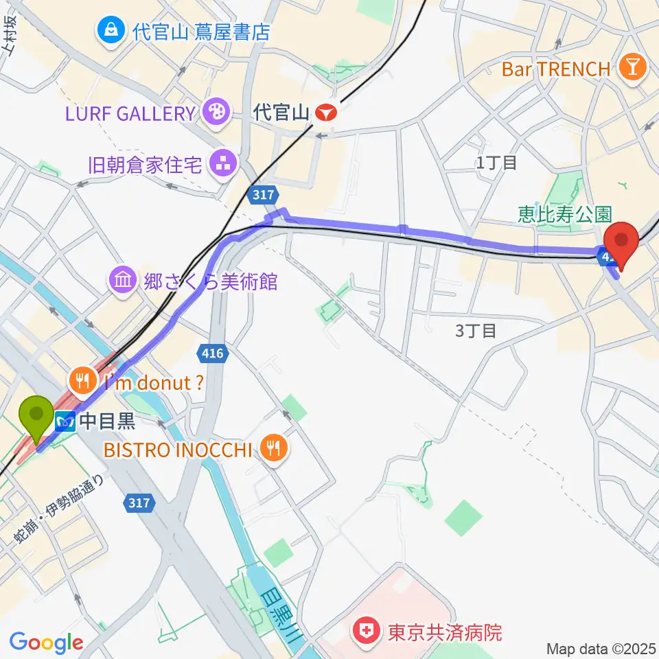 中目黒駅からスマイルヴォイス恵比寿校へのルートマップ地図