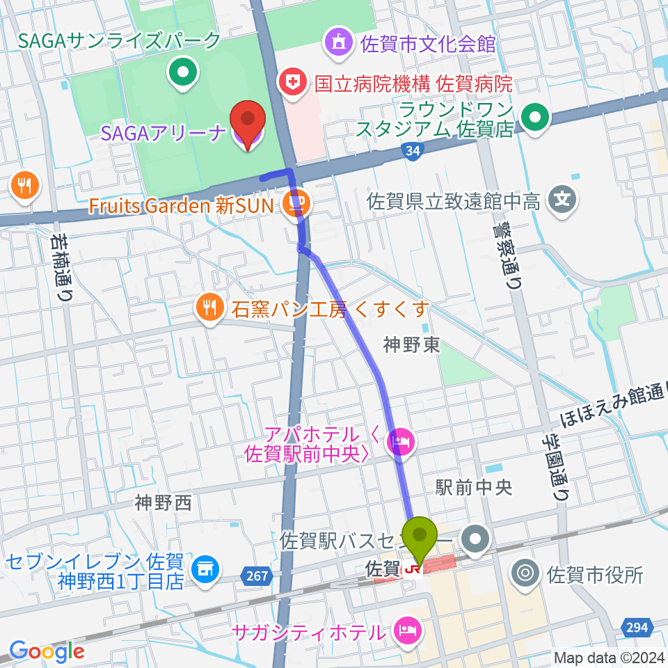 SAGAアリーナの最寄駅佐賀駅からの徒歩ルート（約21分）地図