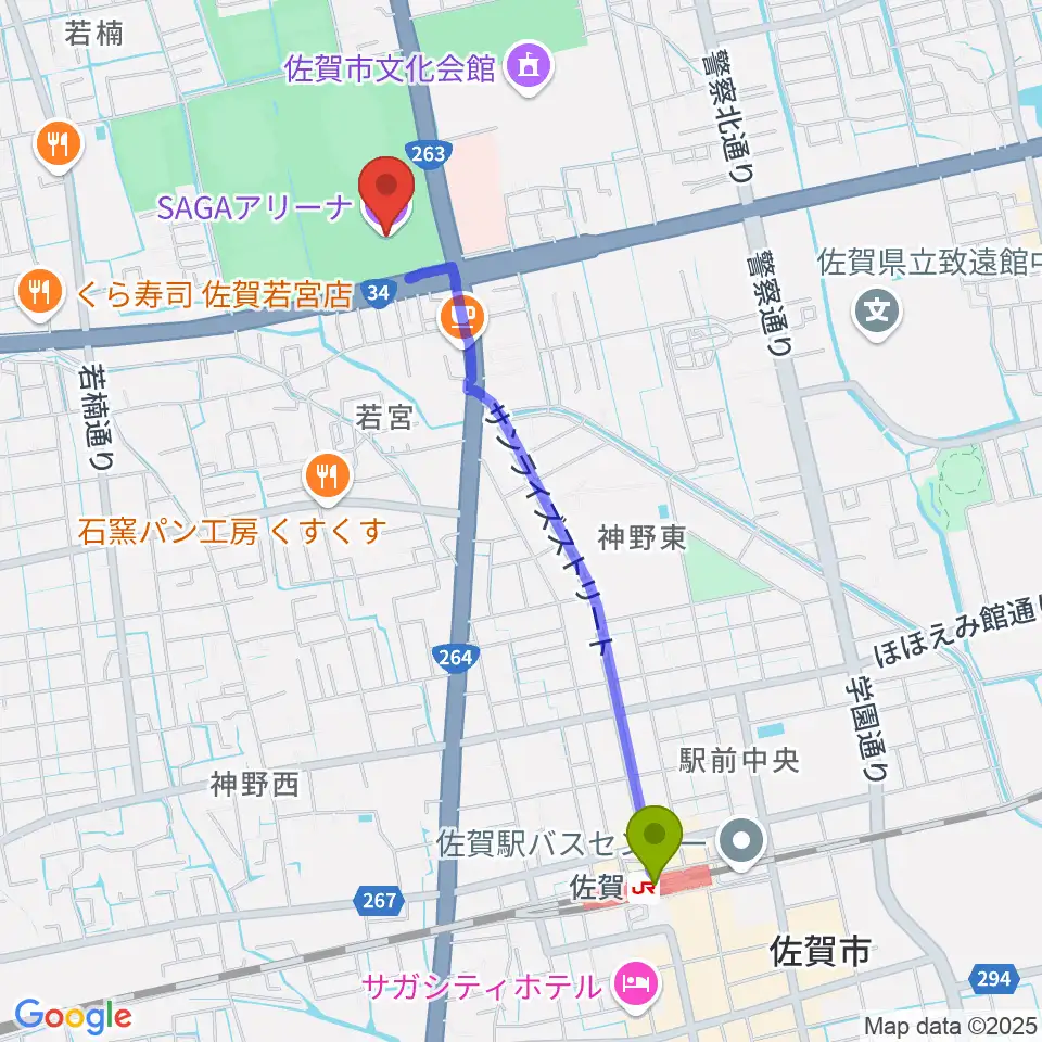 SAGAアリーナの最寄駅佐賀駅からの徒歩ルート（約21分）地図