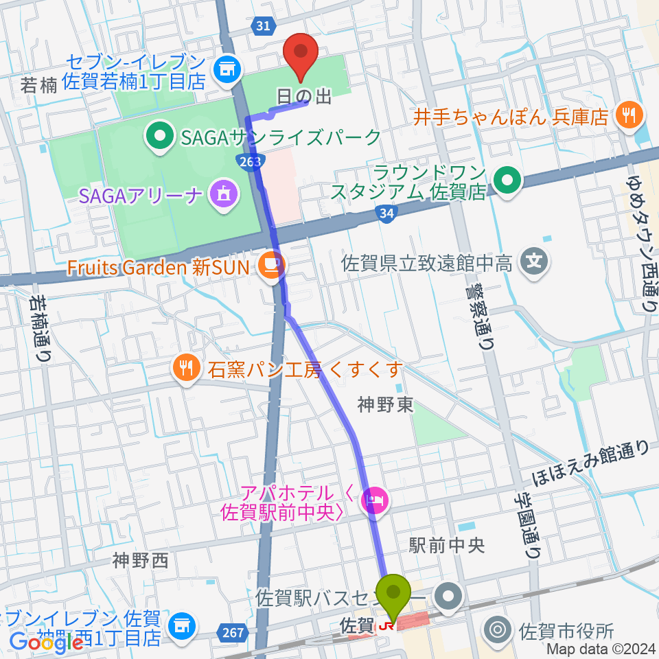 SAGAプラザ 総合体育館の最寄駅佐賀駅からの徒歩ルート（約26分）地図