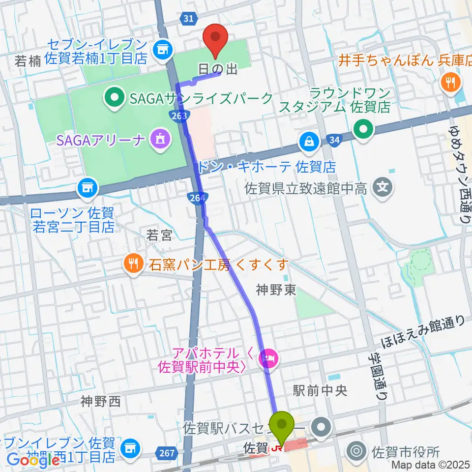 SAGAプラザ 総合体育館の最寄駅佐賀駅からの徒歩ルート（約26分）地図