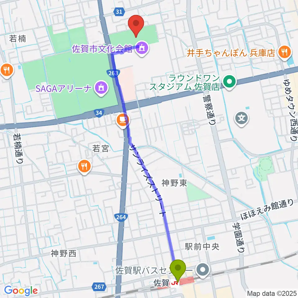 SAGAプラザ 総合体育館の最寄駅佐賀駅からの徒歩ルート（約26分）地図