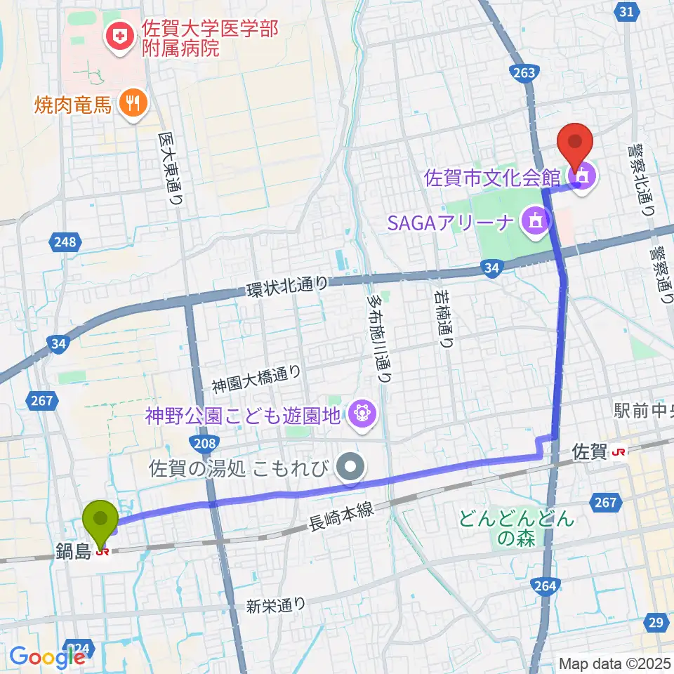 鍋島駅からSAGAプラザ 総合体育館へのルートマップ地図