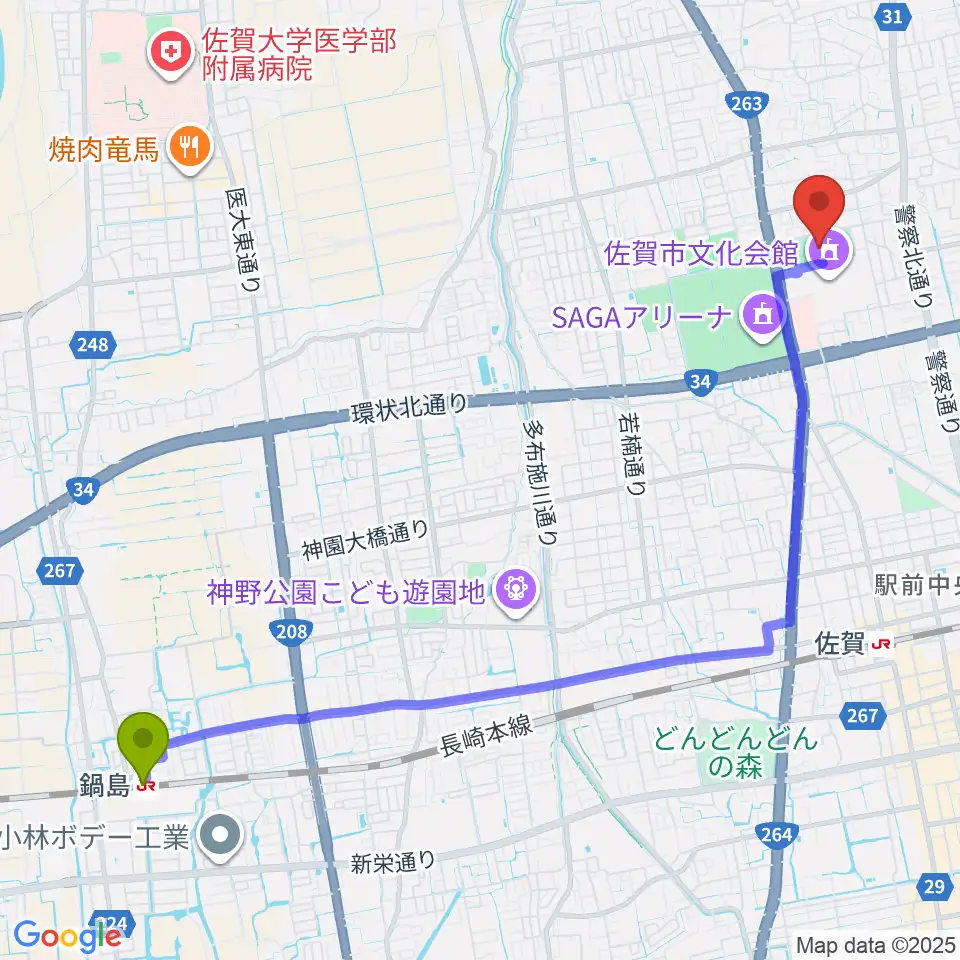 鍋島駅からSAGAプラザ 総合体育館へのルートマップ地図