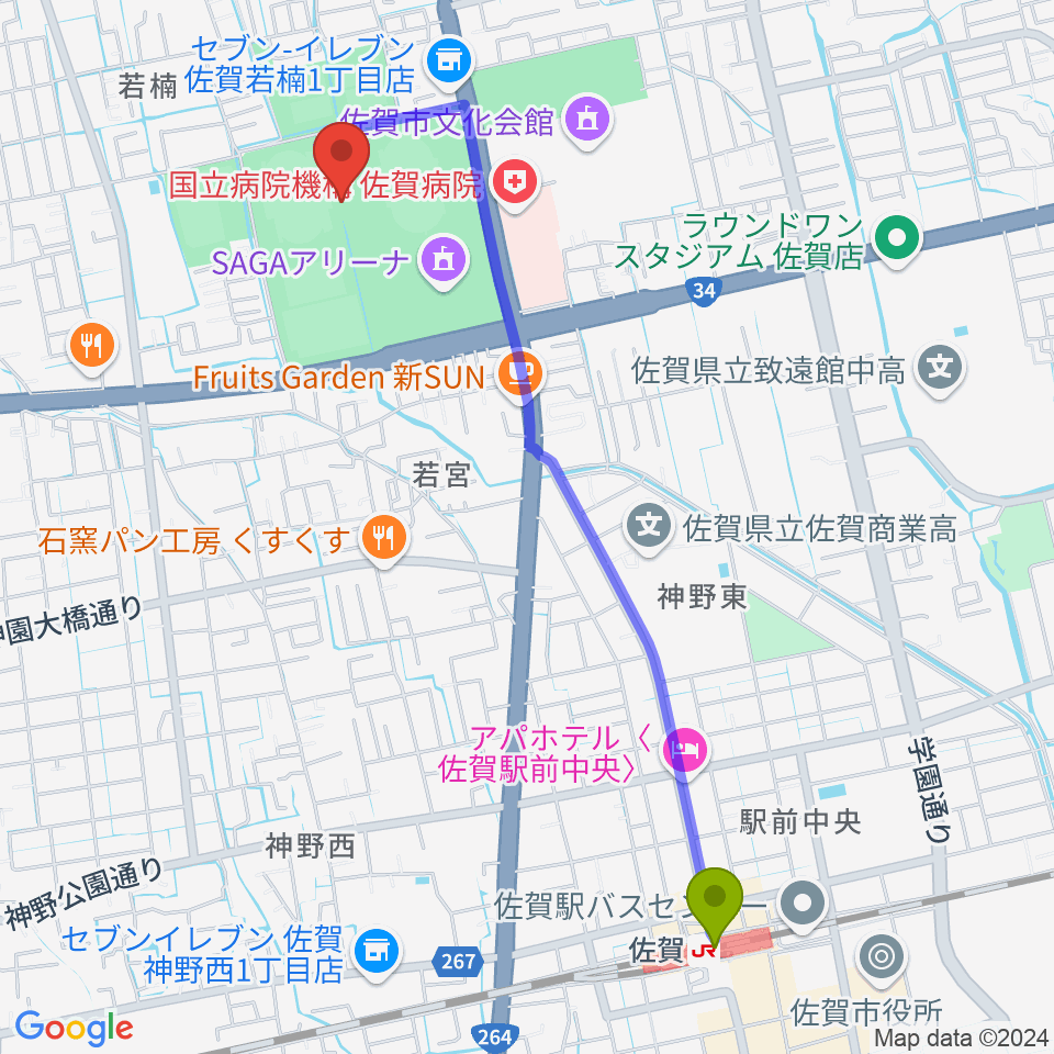 SAGAスタ（陸上競技場）の最寄駅佐賀駅からの徒歩ルート（約25分）地図