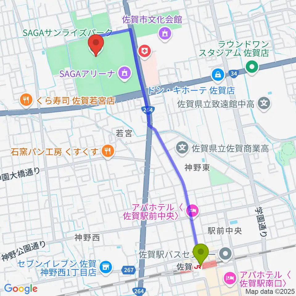 SAGAスタ（陸上競技場）の最寄駅佐賀駅からの徒歩ルート（約25分）地図