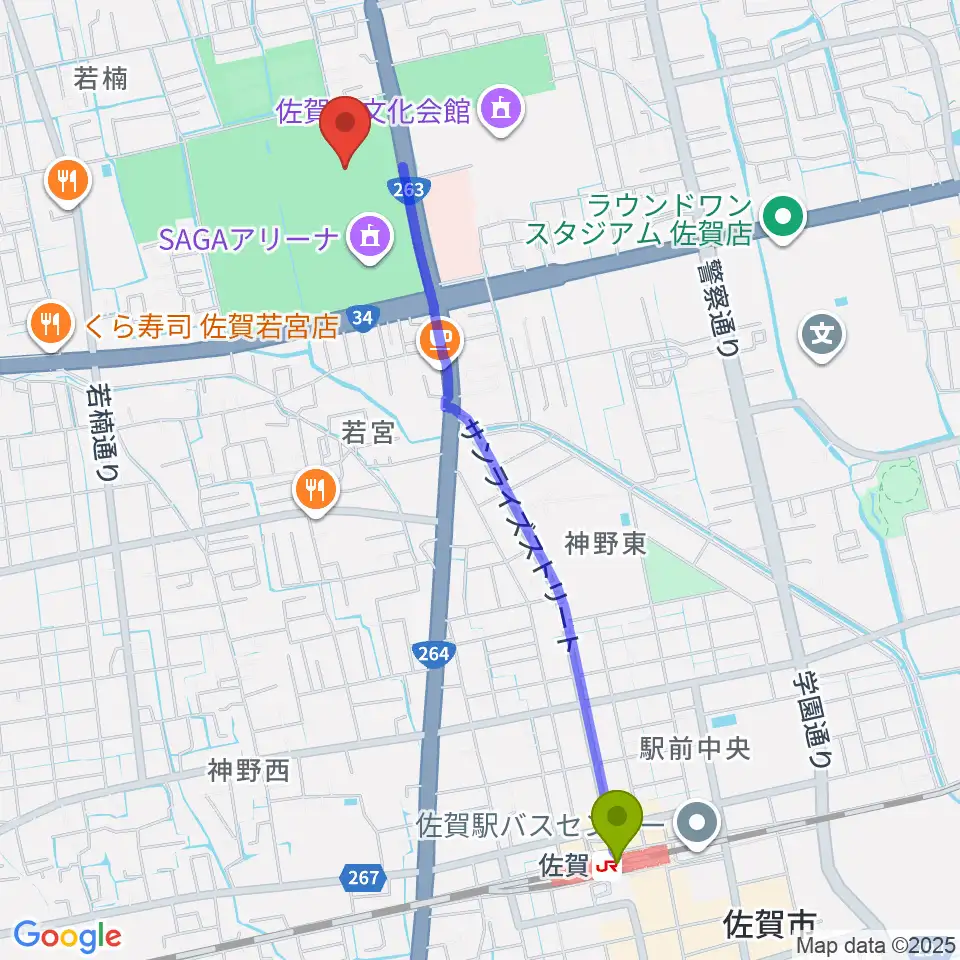 SAGAスタジアムの最寄駅佐賀駅からの徒歩ルート（約25分）地図