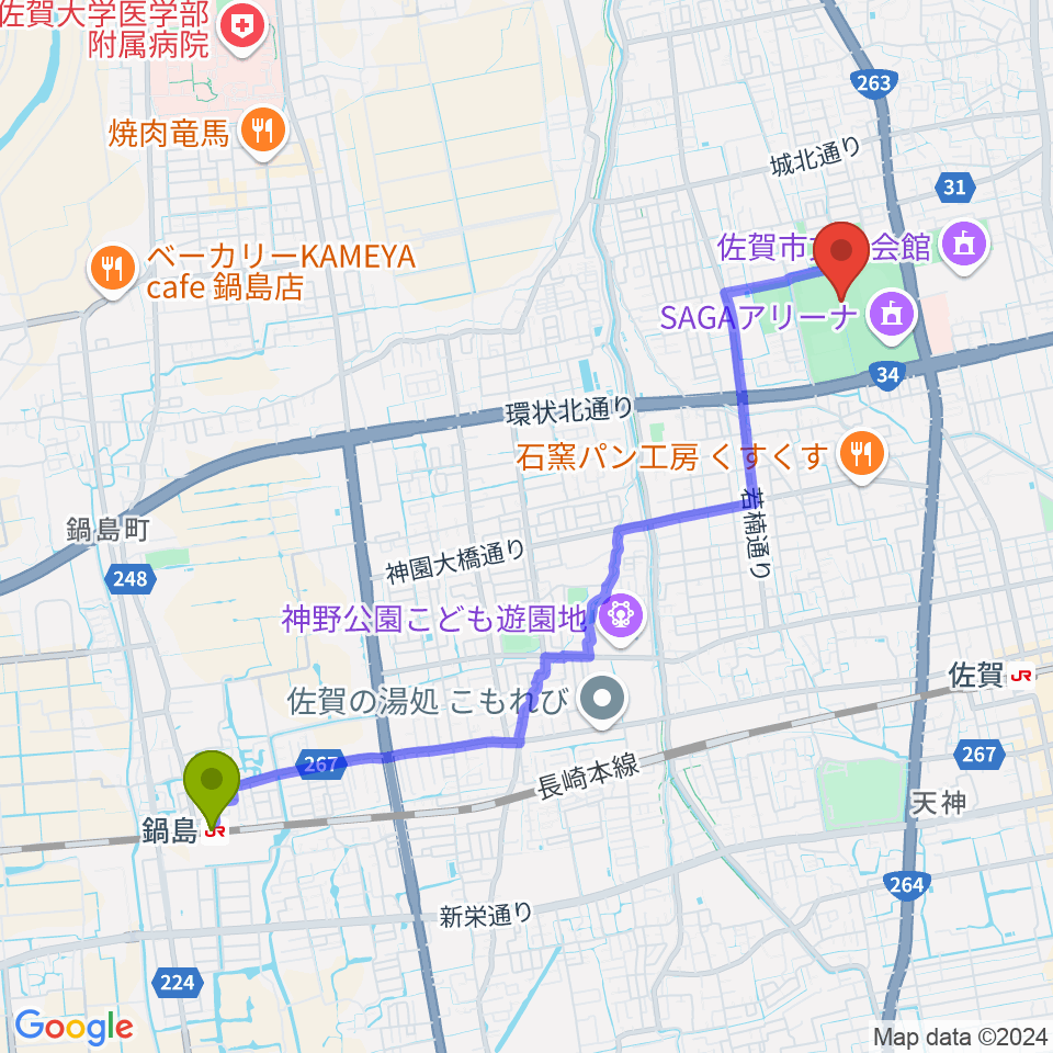 鍋島駅からSAGAスタ（陸上競技場）へのルートマップ地図