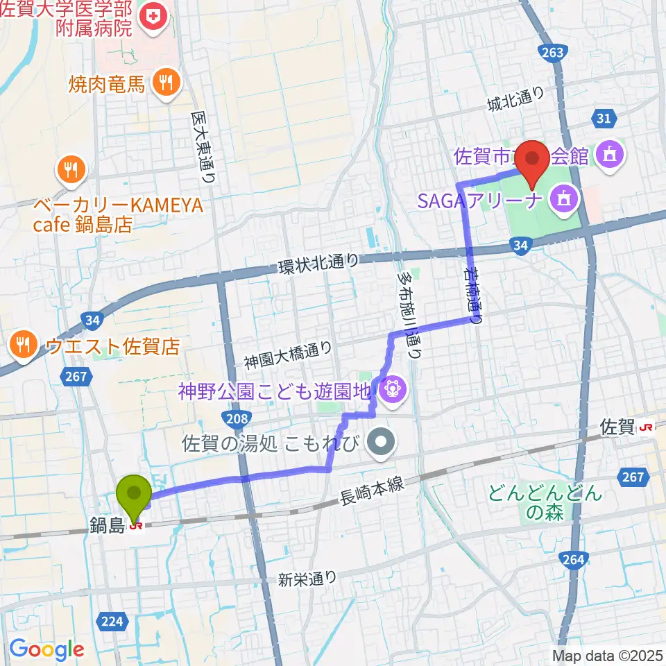 鍋島駅からSAGAスタ（陸上競技場）へのルートマップ地図