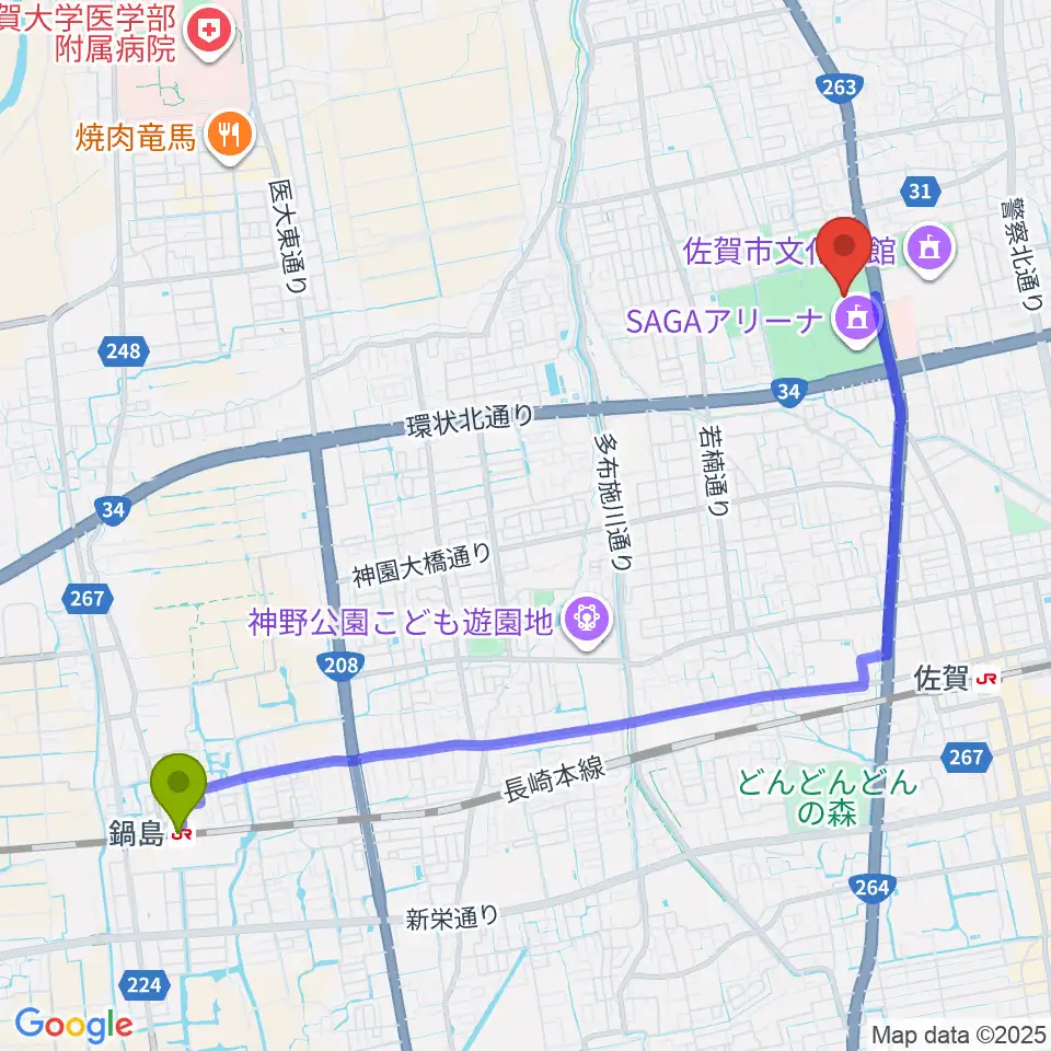 鍋島駅からSAGAスタジアムへのルートマップ地図