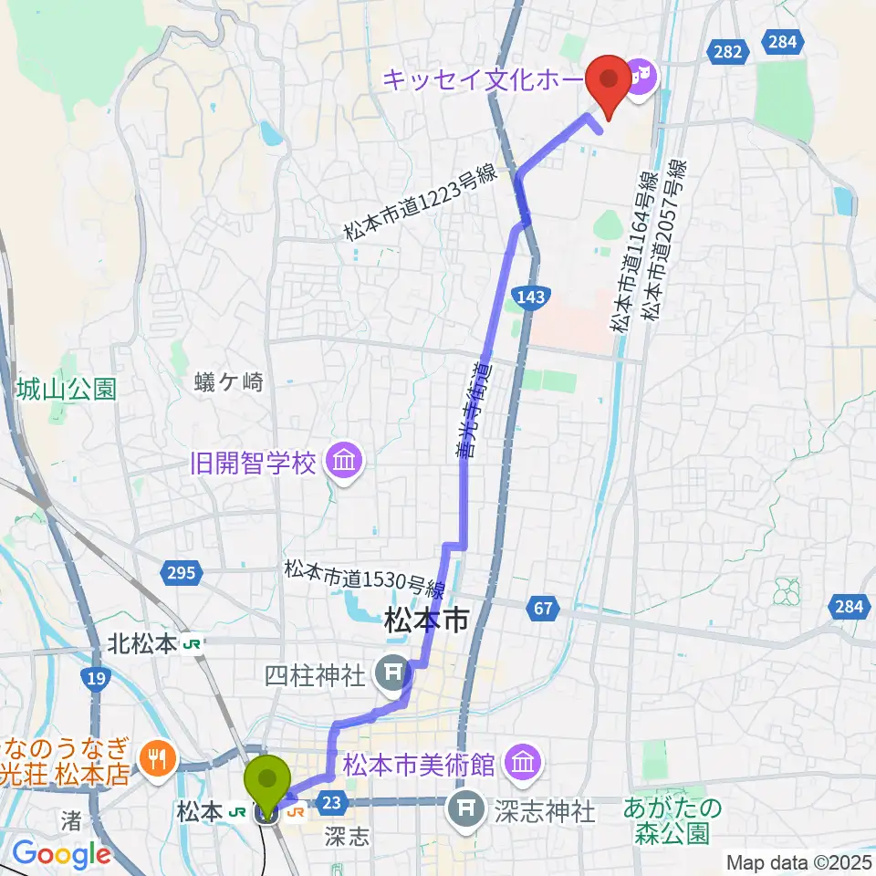 松本駅からエア・ウォーターアリーナ松本へのルートマップ地図